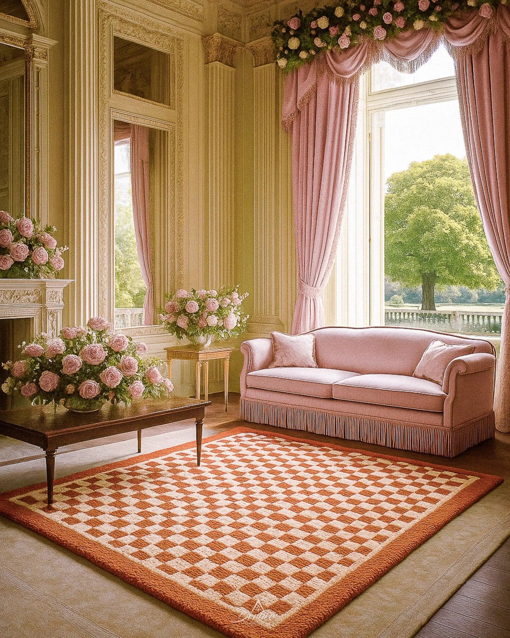 Checkered Handknotted Rug 3 X 5 Ft | 90 X 150 Cm / With Tassels / Short (0.4” / 1 cm)