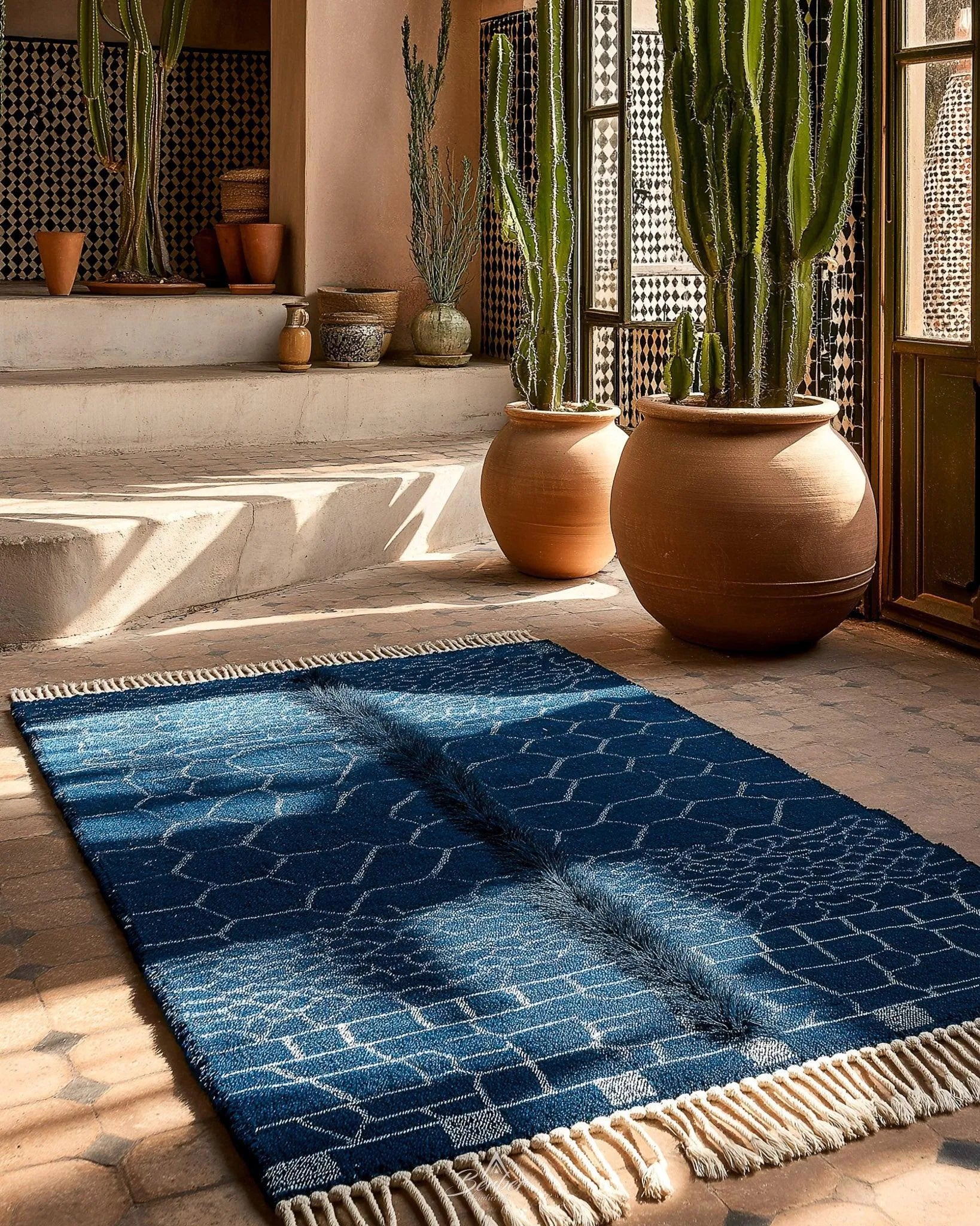 Colorful Blue Wool Rug 3 X 5 Ft | 90 X 150 Cm / With Tassels / Short (0.4” / 1 cm)