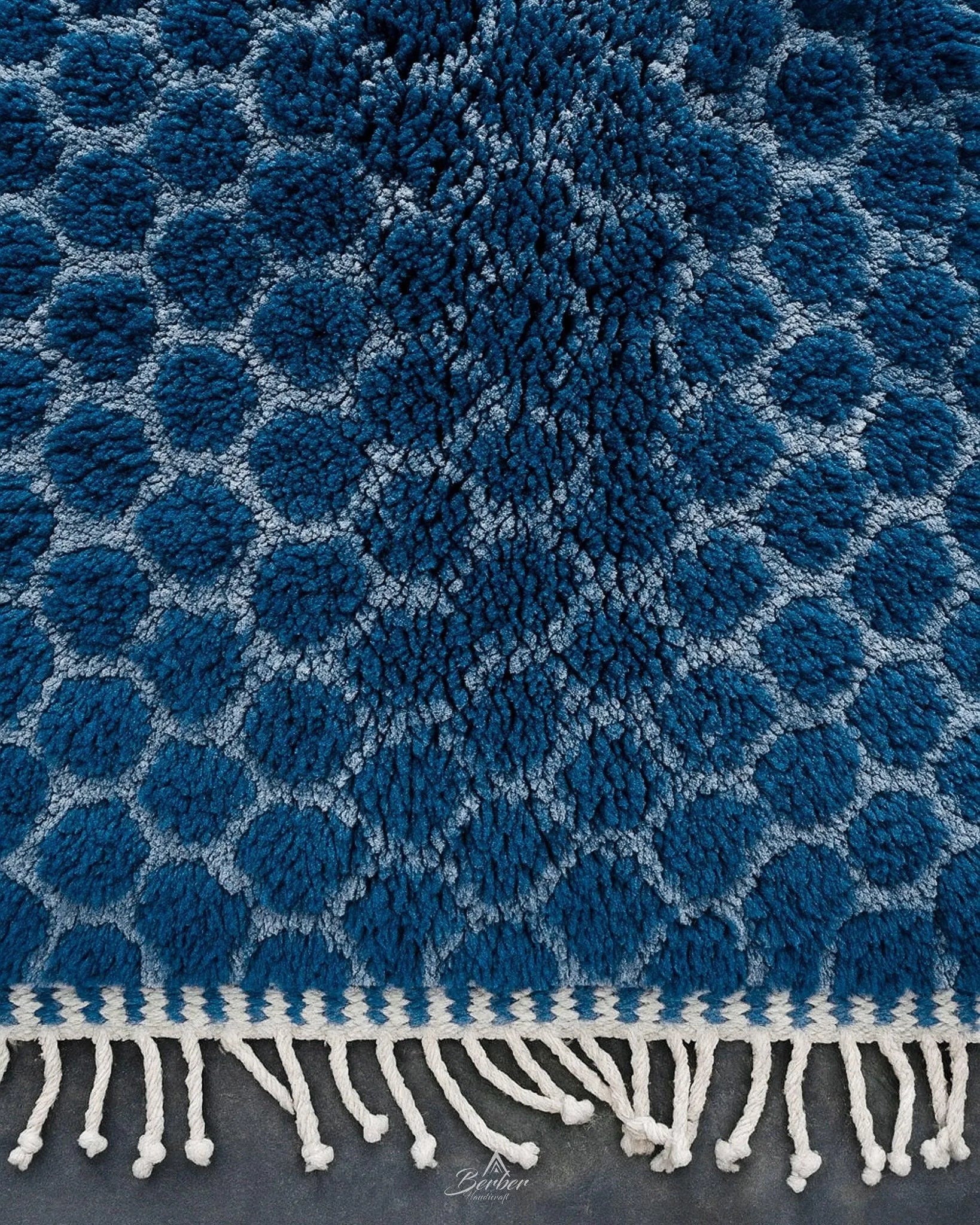 Colorful Blue Wool Rug 3 X 5 Ft | 90 X 150 Cm / With Tassels / Short (0.4” / 1 cm)
