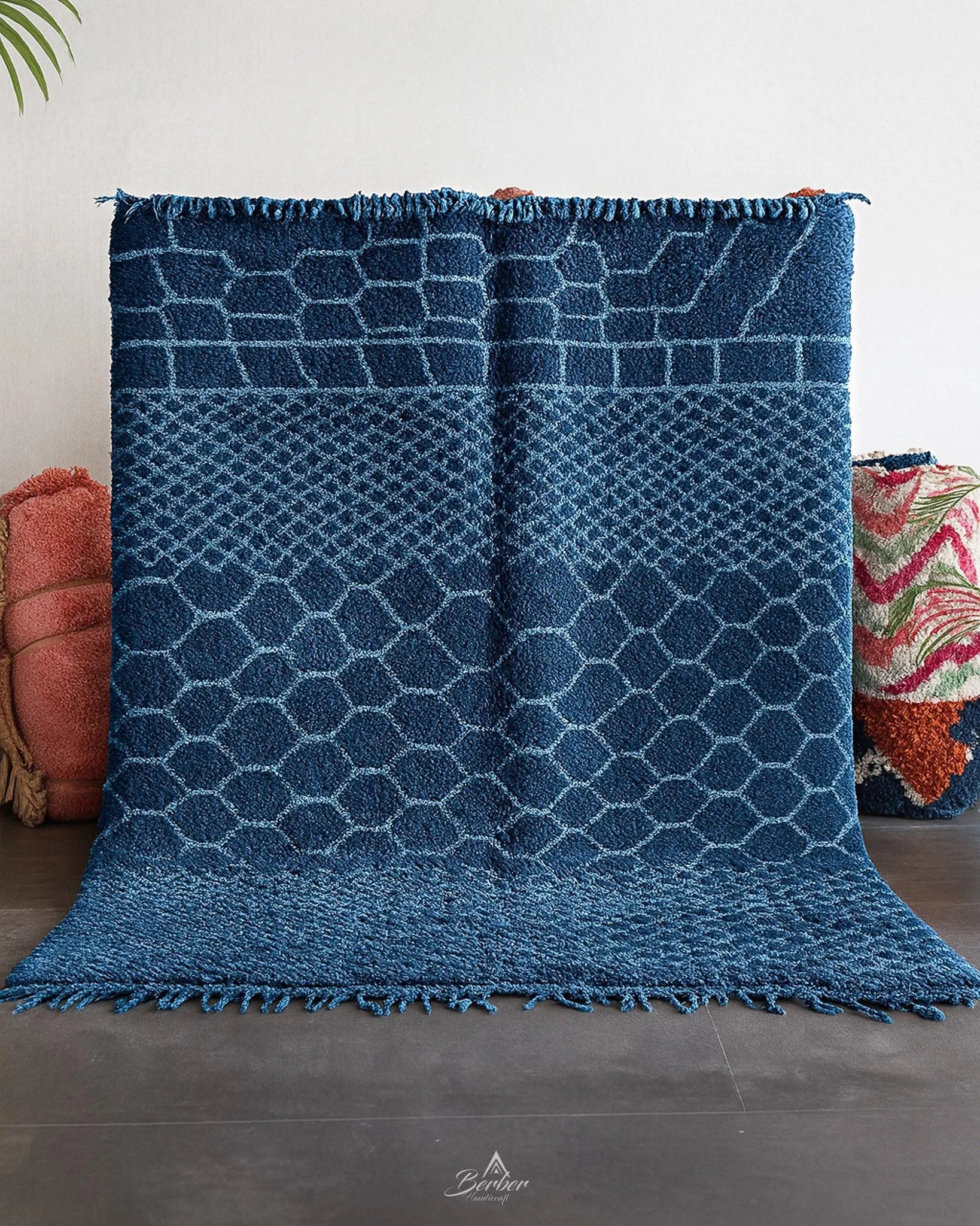 Colorful Blue Wool Rug 3 X 5 Ft | 90 X 150 Cm / With Tassels / Short (0.4” / 1 cm)