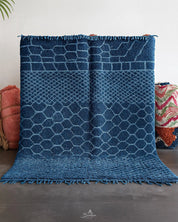 Colorful Blue Wool Rug 3 X 5 Ft | 90 X 150 Cm / With Tassels / Short (0.4” / 1 cm)