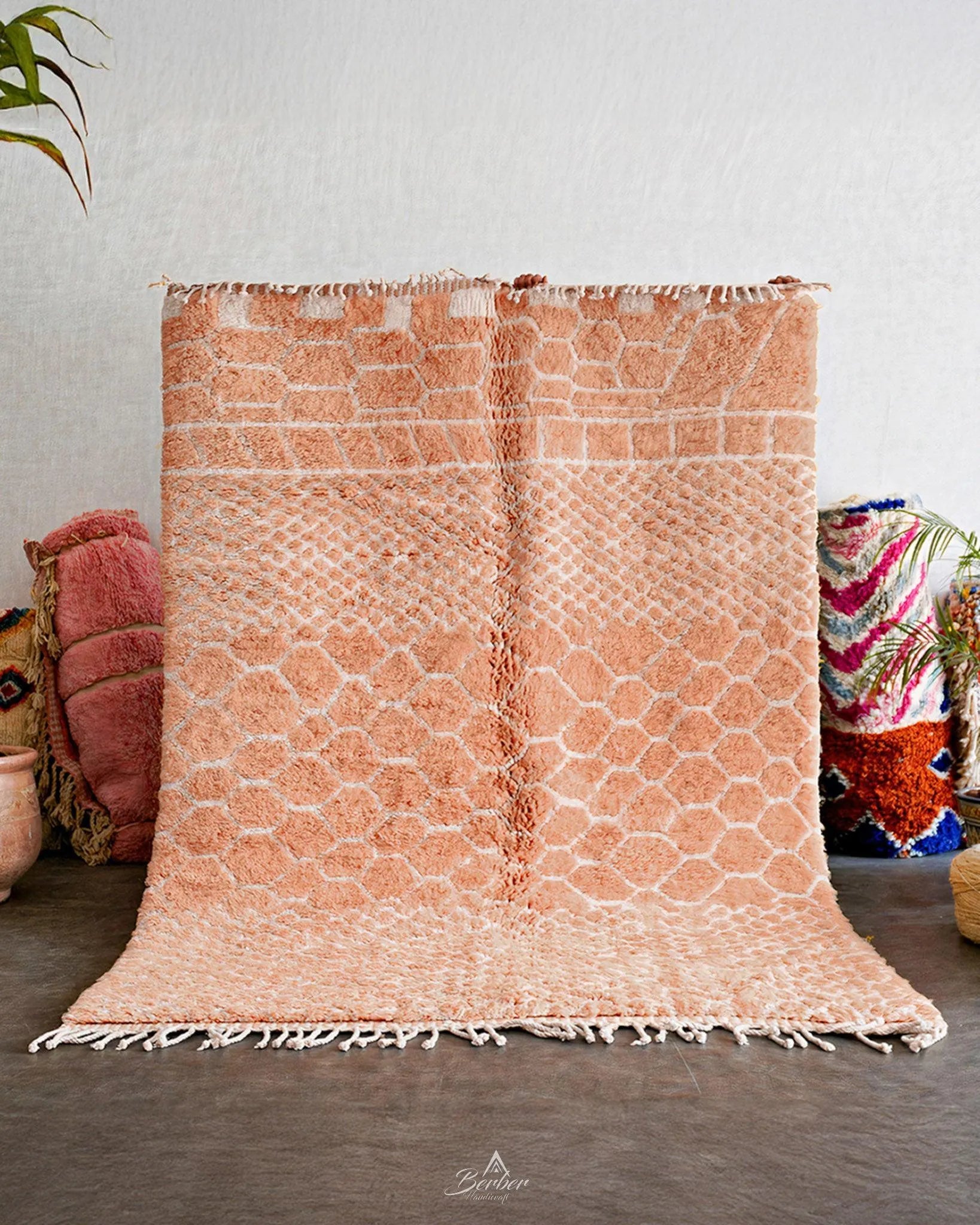 Colorful Peach Wool Rug 3 X 5 Ft | 90 X 150 Cm / With Tassels / Short (0.4” / 1 cm)