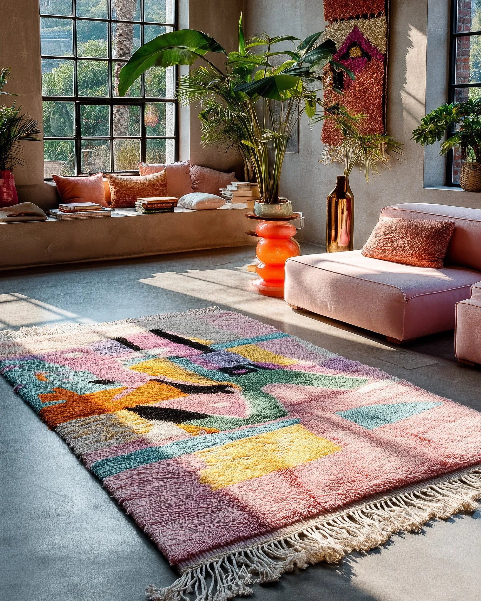 Colorful Pink Moroccan Rug 3 X 5 Ft | 90 X 150 Cm / With Tassels / Short (0.4” / 1 cm)