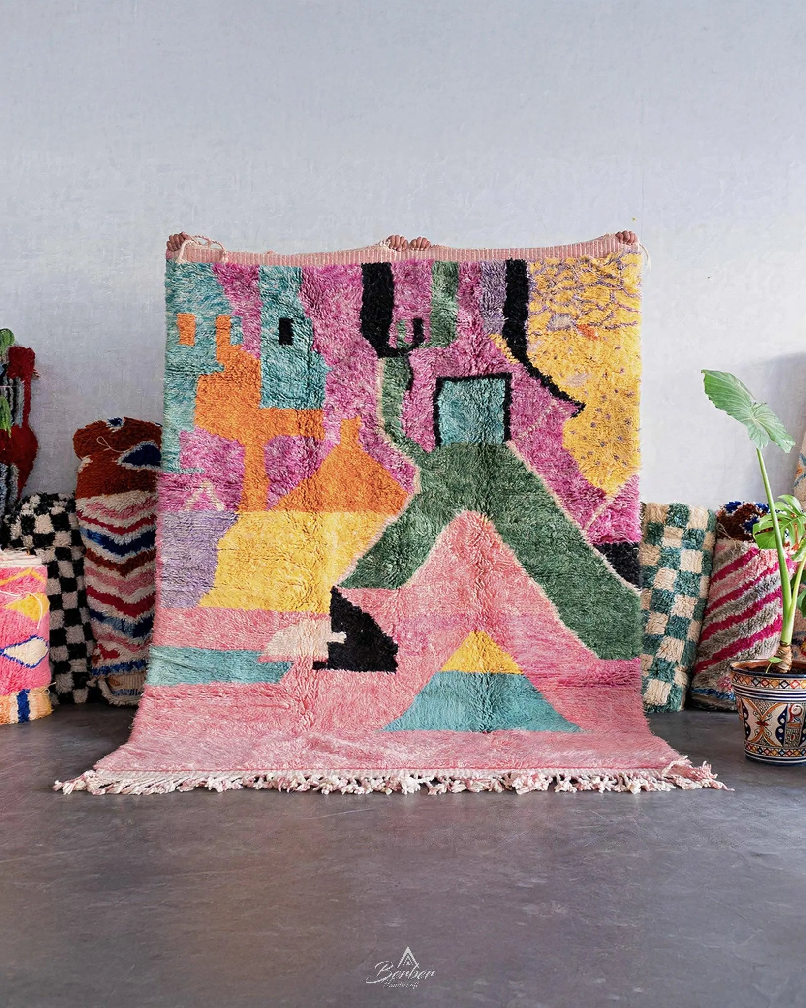 Colorful Pink Moroccan Rug 3 X 5 Ft | 90 X 150 Cm / With Tassels / Short (0.4” / 1 cm)