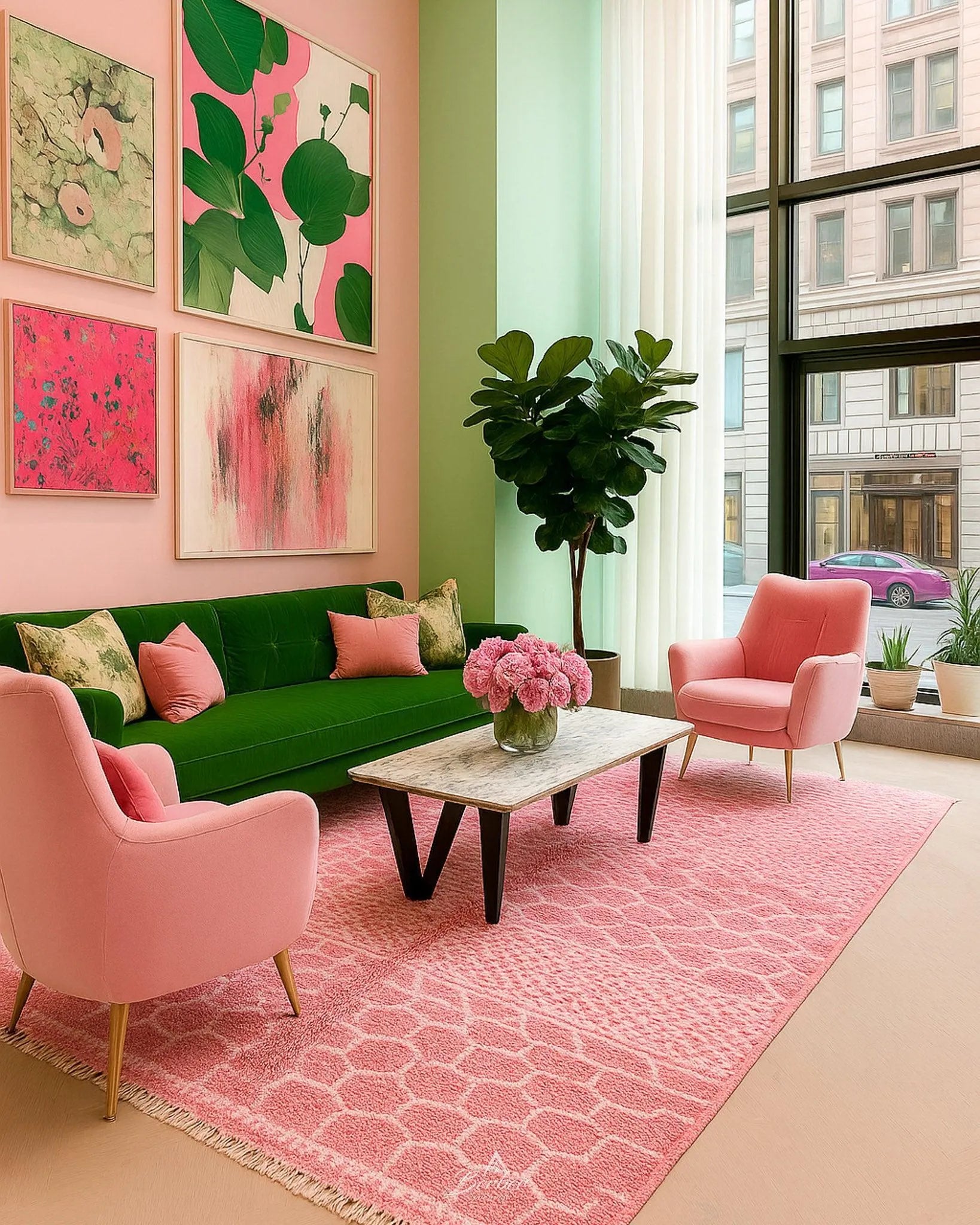 Colorful Pink Wool Rug 3 X 5 Ft | 90 X 150 Cm / With Tassels / Short (0.4” / 1 cm)