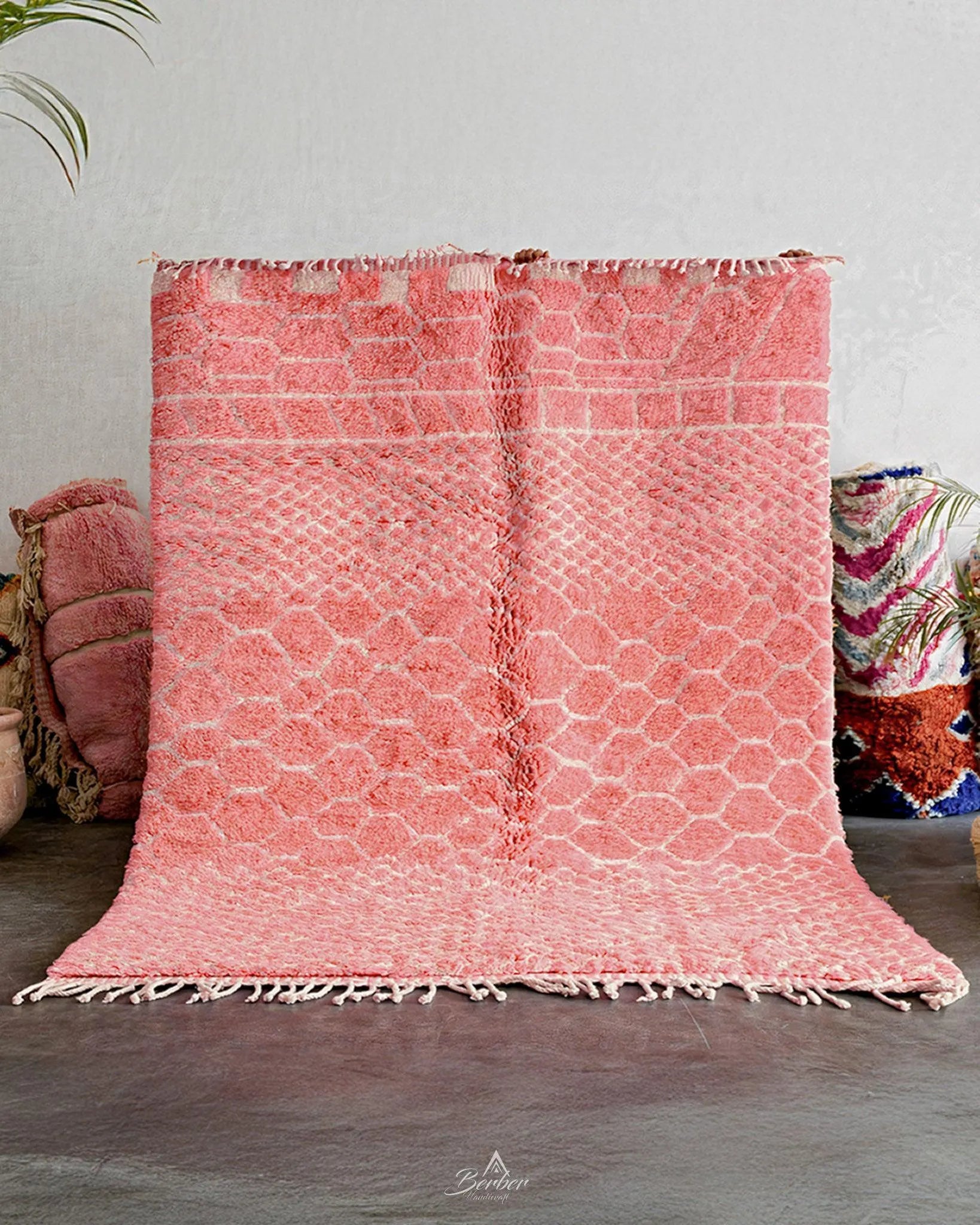 Colorful Pink Wool Rug 3 X 5 Ft | 90 X 150 Cm / With Tassels / Short (0.4” / 1 cm)