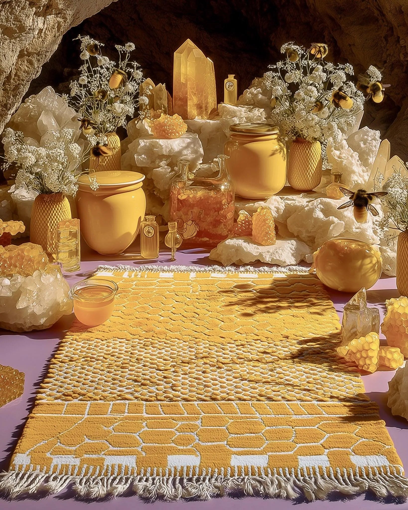 Colorful Yellow Wool Rug 3 X 5 Ft | 90 X 150 Cm / With Tassels / Short (0.4” / 1 cm)