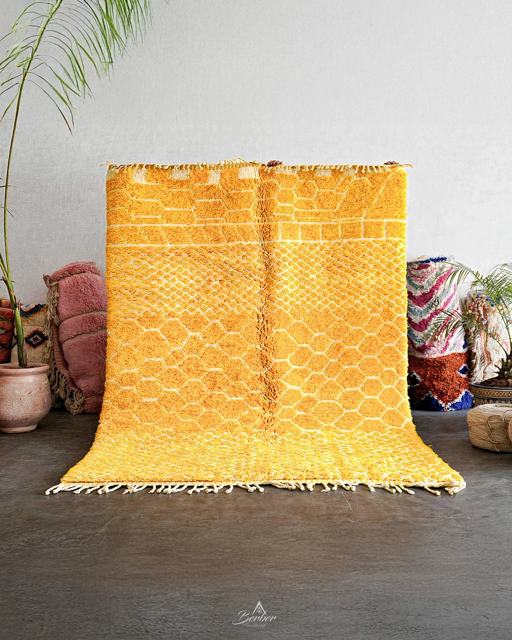 Colorful Yellow Wool Rug 3 X 5 Ft | 90 X 150 Cm / With Tassels / Short (0.4” / 1 cm)