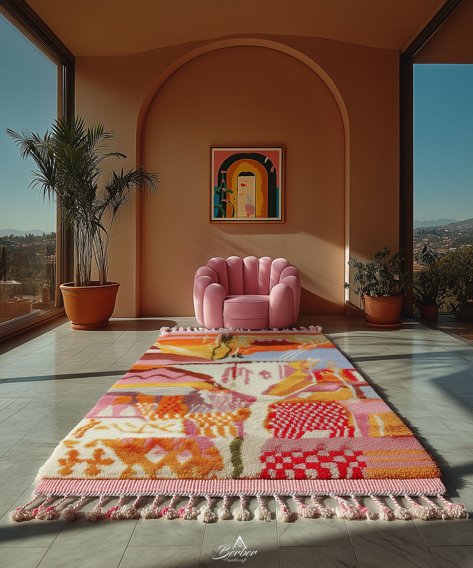 Pink armchair on a colorful moroccan rug in a sunlit room with plants and a painting.