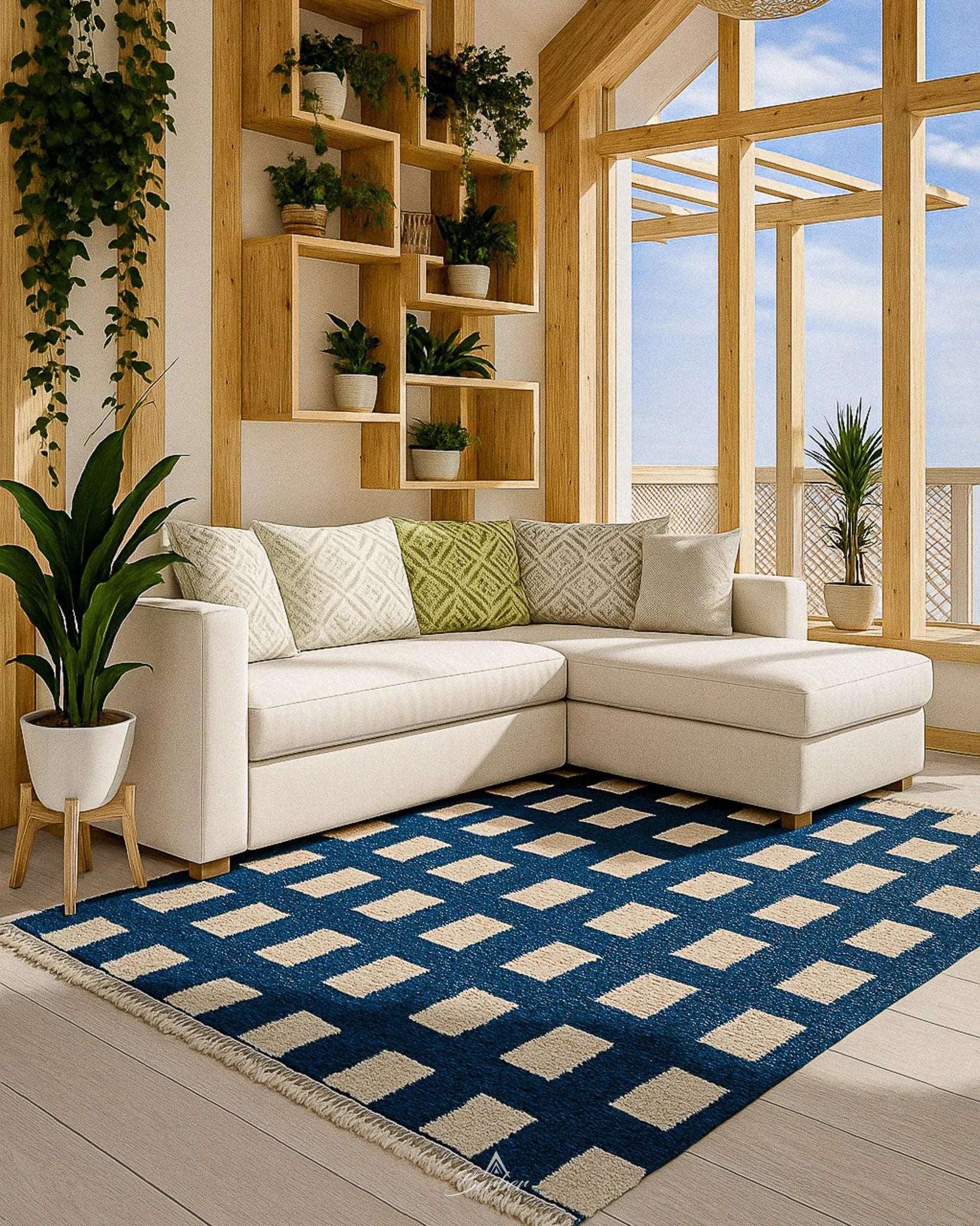 Contemporary Blue Carpet 3 X 5 Ft | 90 X 150 Cm / With Tassels / Short (0.4” / 1 cm)