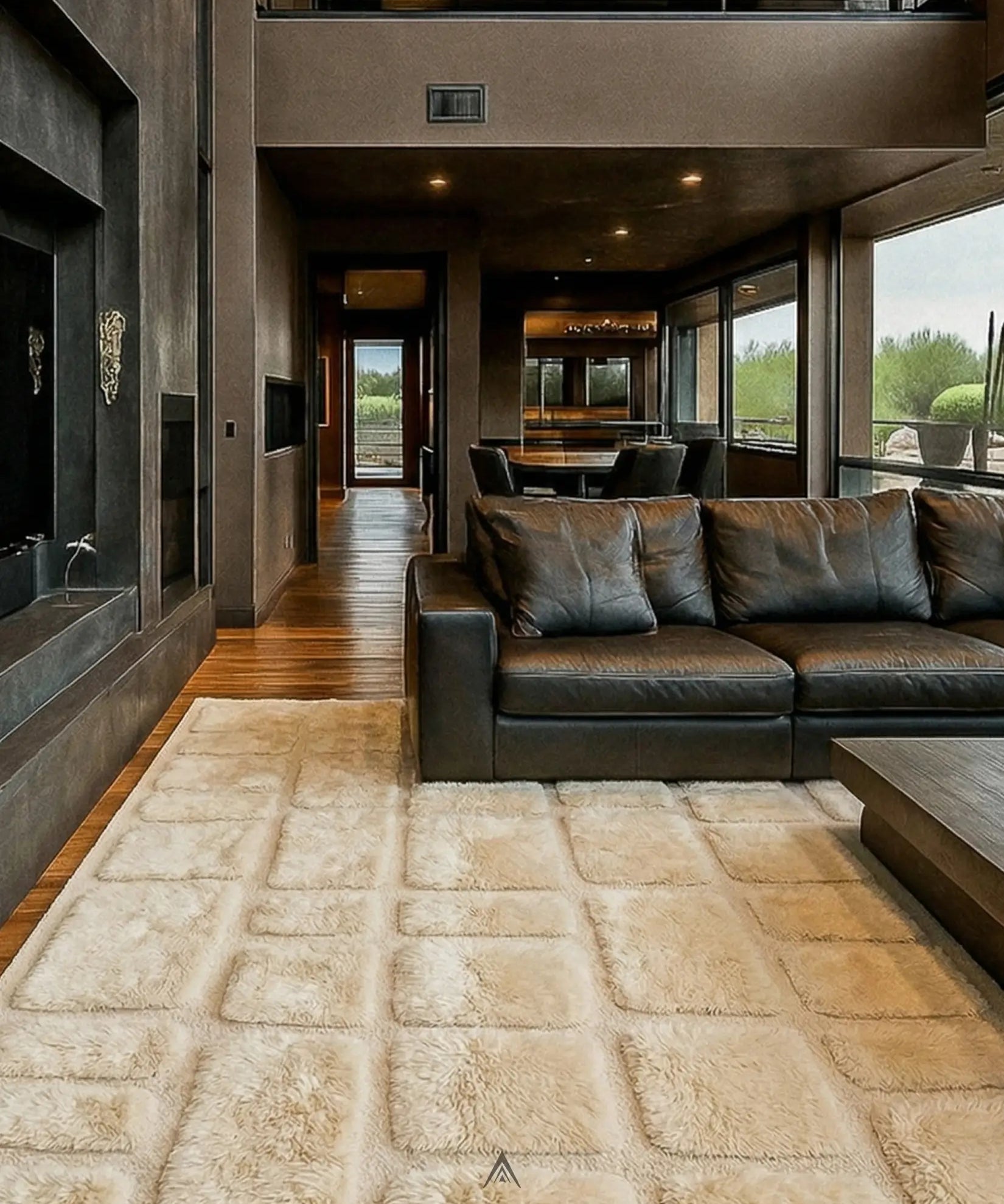 A textured invory Moroccan wool rug sitting on a bold style living room
