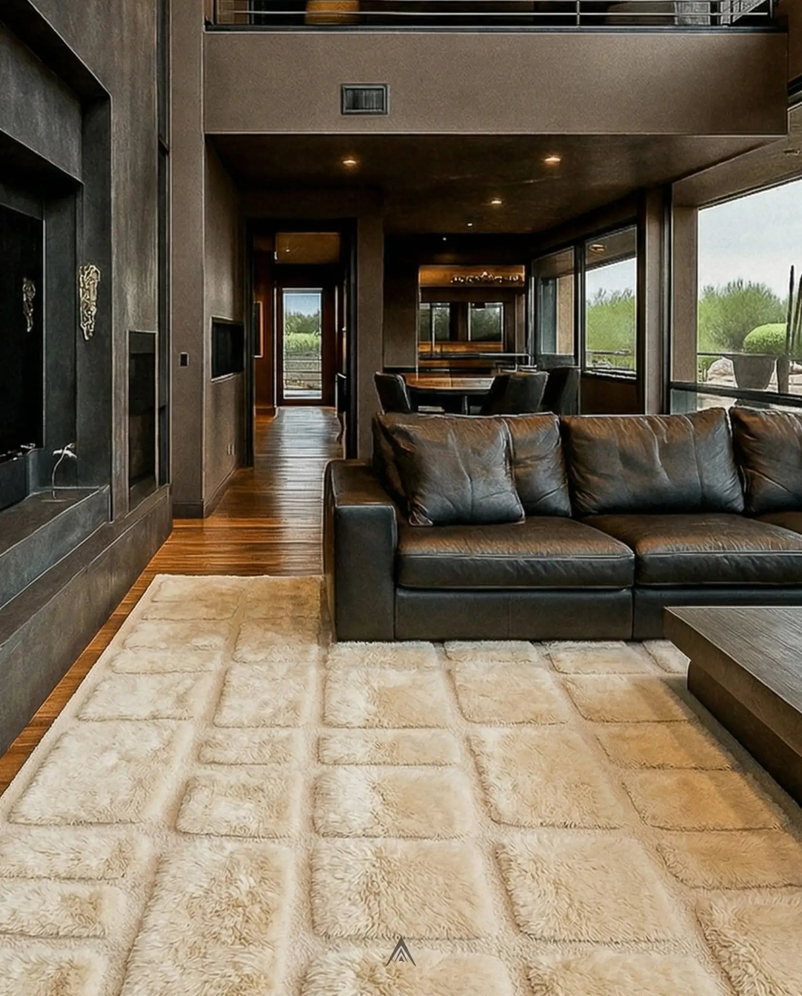 A textured invory Moroccan wool rug sitting on a bold style living room
