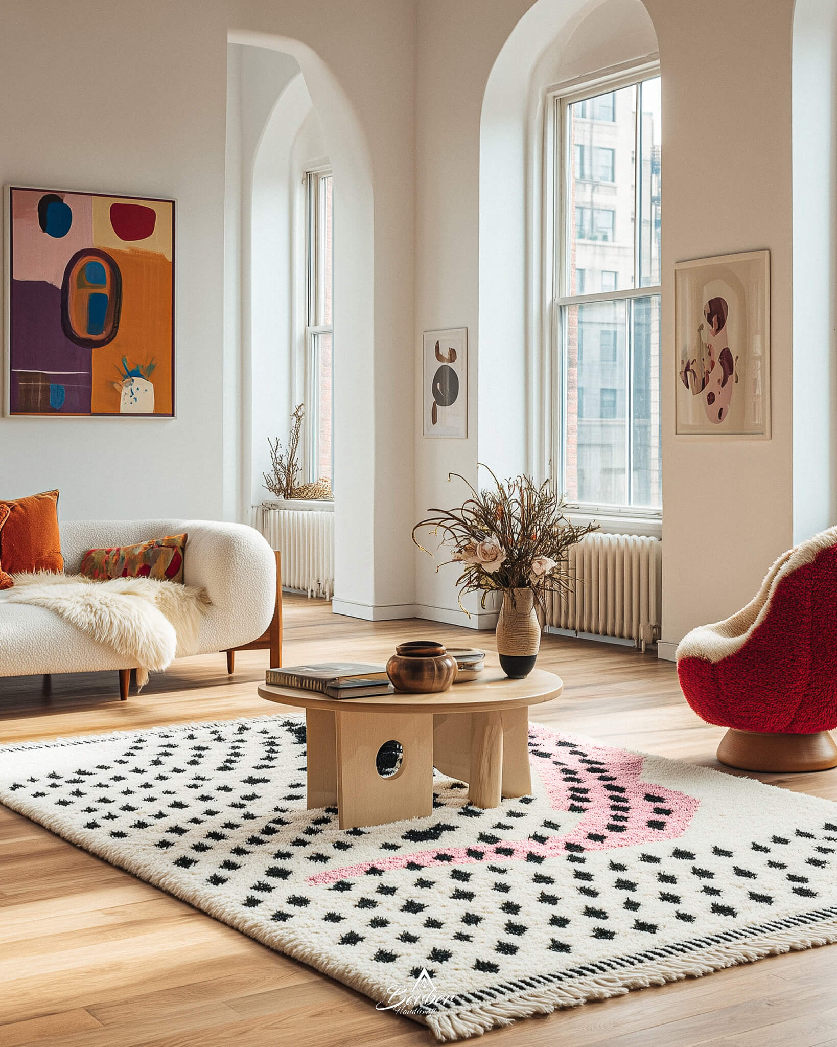 Modern living room with a Hand-Knotted Moroccan rug, furniture, and artwork.