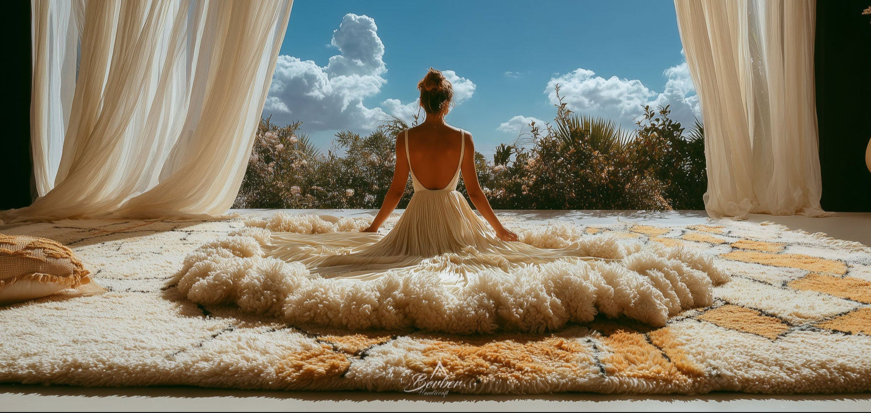 Woman in a white dress sitting on a textured moroccan rug with large windows and outdoor view.