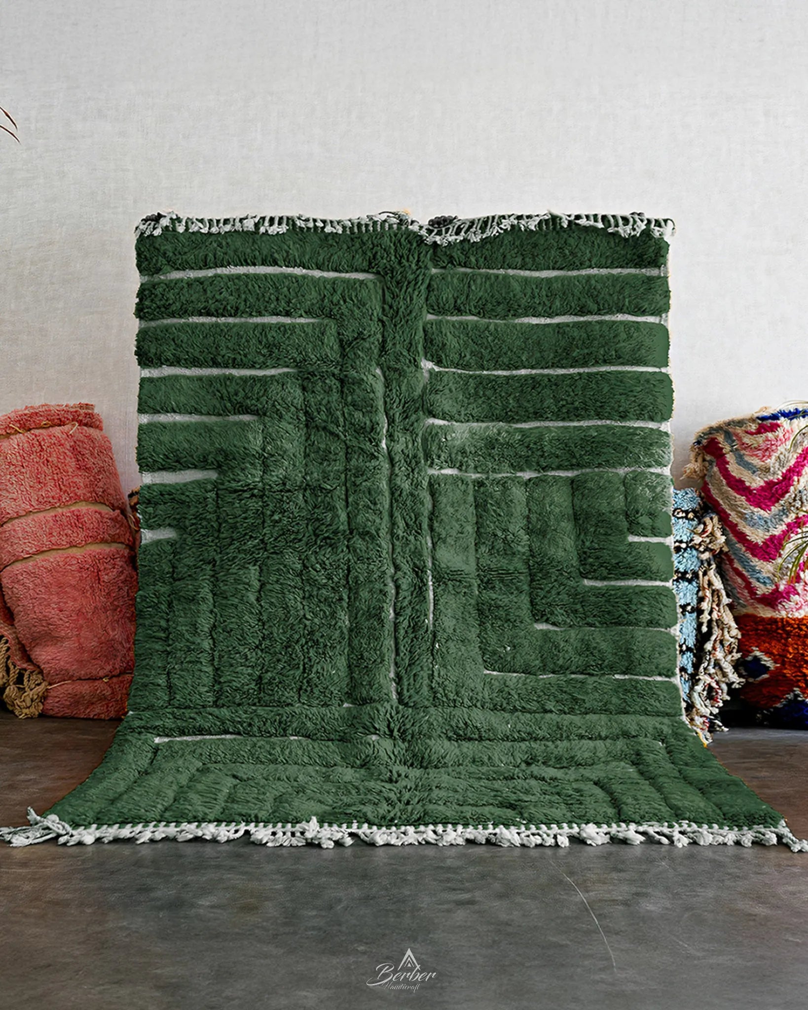 Green Berber Carpet 3 X 5 Ft | 90 X 150 Cm / With Tassels / Short (0.4” / 1 cm)