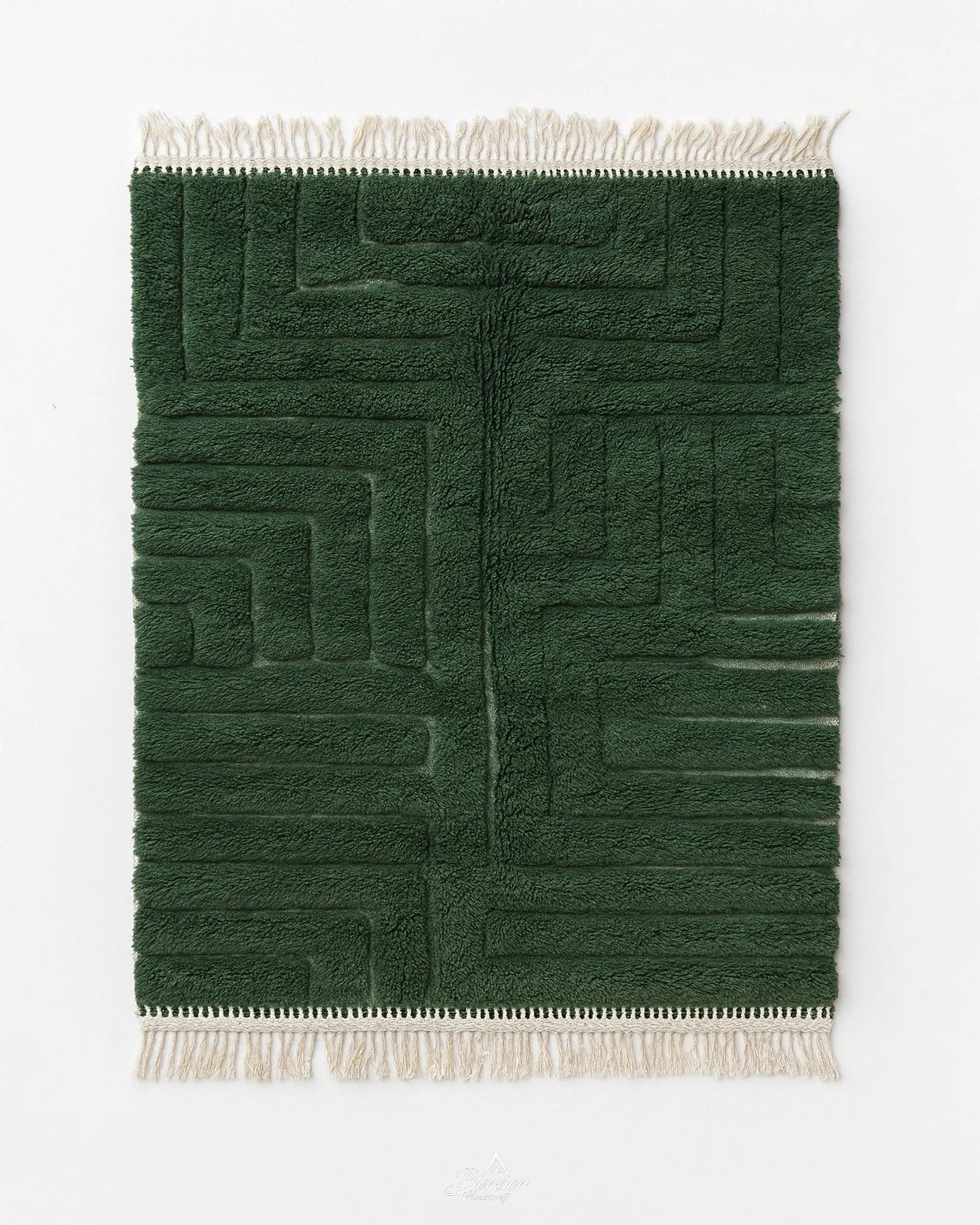 Green Berber Carpet 3 X 5 Ft | 90 X 150 Cm / With Tassels / Short (0.4” / 1 cm)