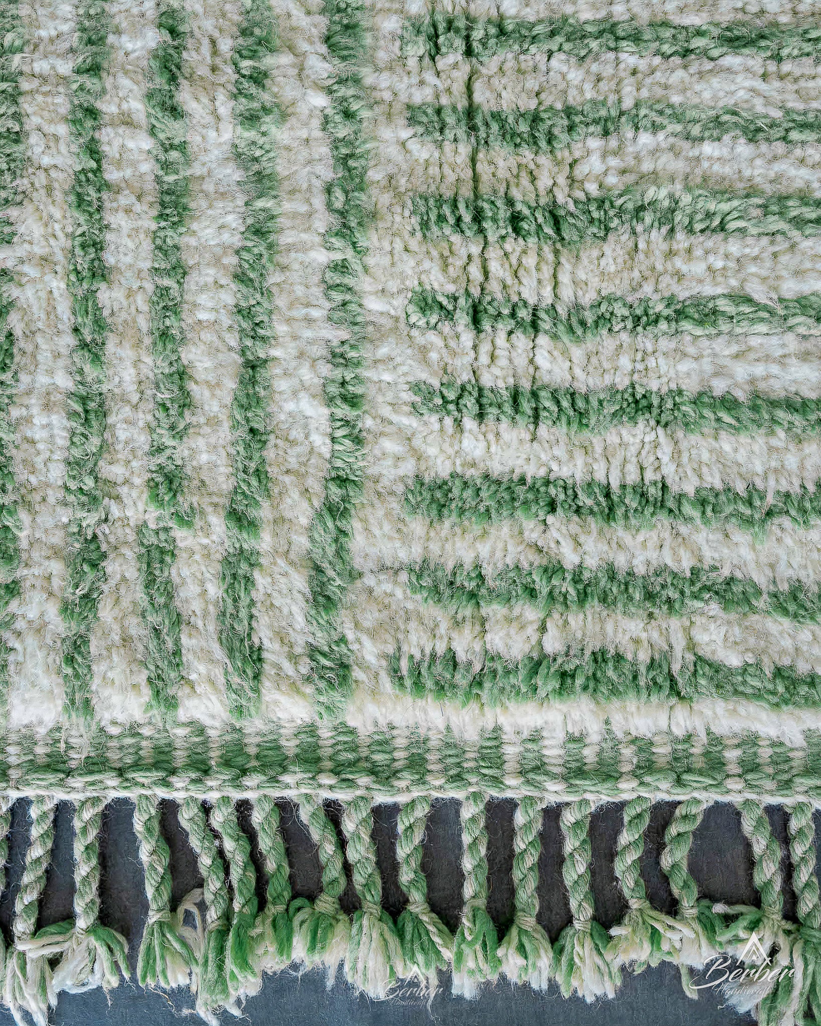 Green Striped Moroccan Rug 3 X 5 Ft | 90 X 150 Cm / With Tassels / Short (0.4” / 1 cm)