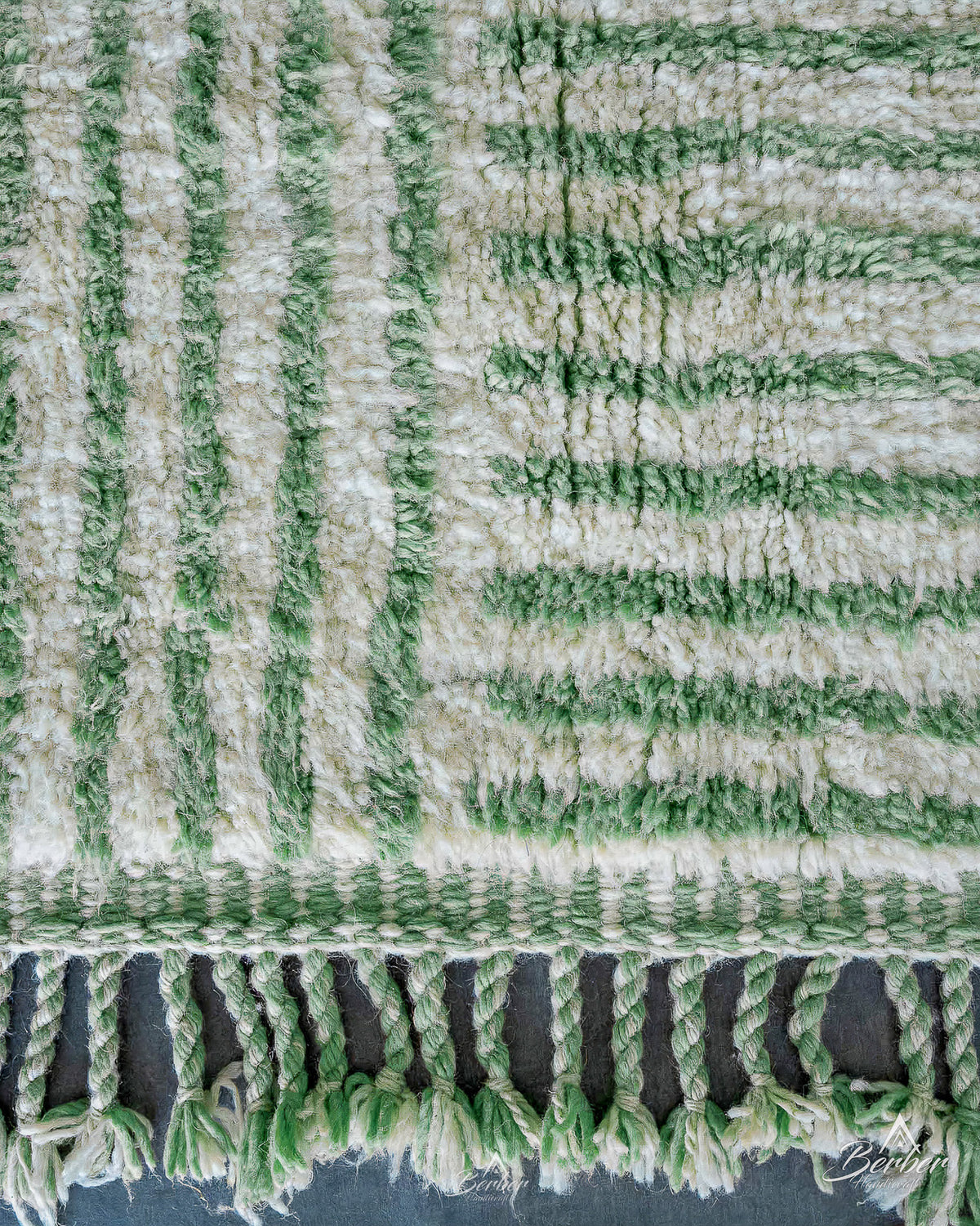 Green Striped Moroccan Rug 3 X 5 Ft | 90 X 150 Cm / With Tassels / Short (0.4” / 1 cm)