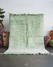 Green Striped Moroccan Rug 3 X 5 Ft | 90 X 150 Cm / With Tassels / Short (0.4” / 1 cm)
