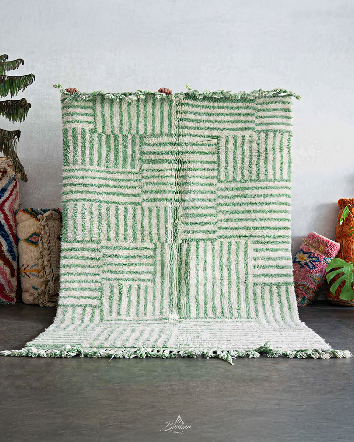 Green Striped Moroccan Rug 3 X 5 Ft | 90 X 150 Cm / With Tassels / Short (0.4” / 1 cm)