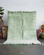 Green Striped Moroccan Rug 3 X 5 Ft | 90 X 150 Cm / With Tassels / Short (0.4” / 1 cm)