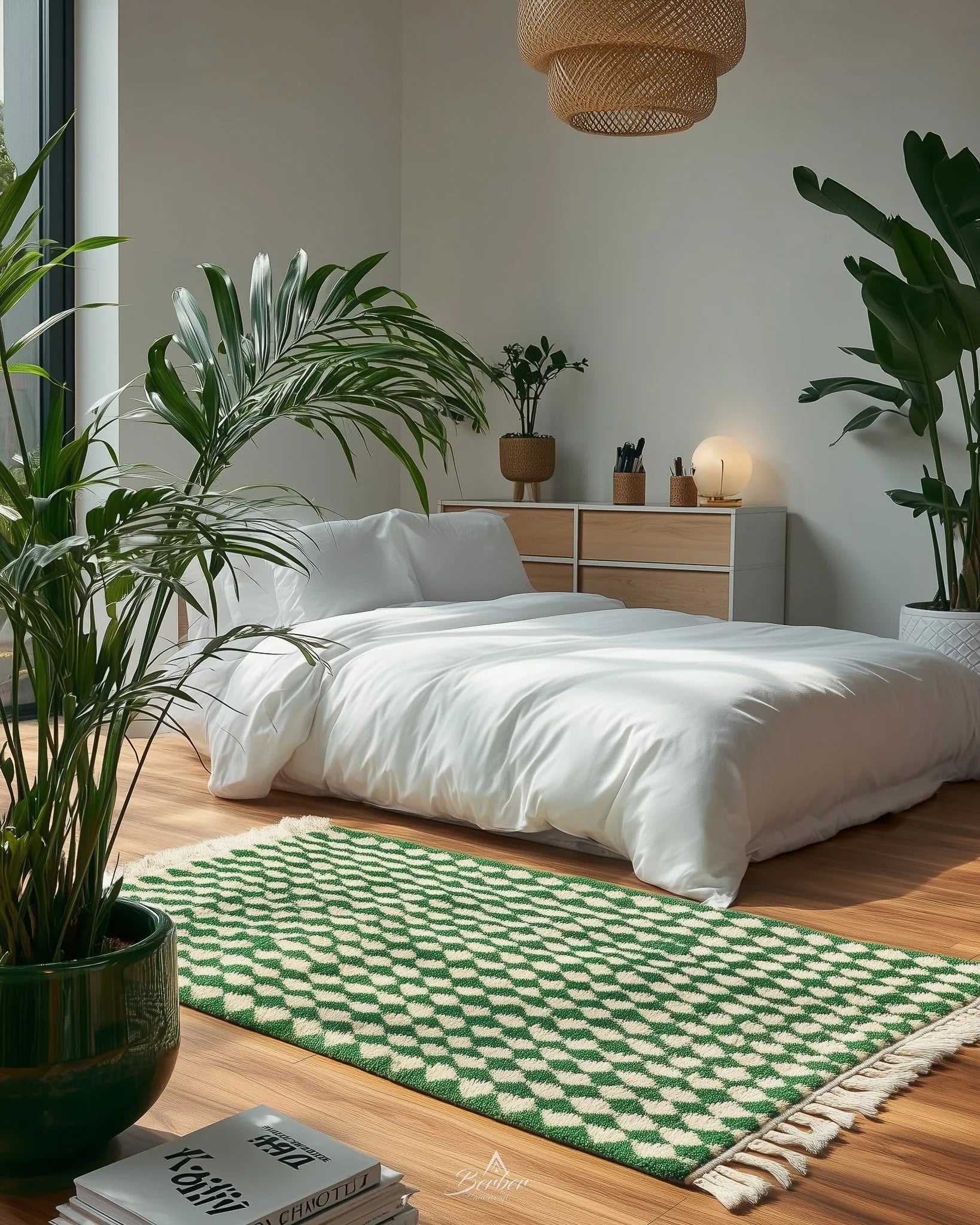 Green Checkered Moroccan Rug 3 X 5 Ft | 90 X 150 Cm / With Tassels / Short (0.4” / 1 cm)