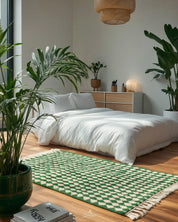 Green Checkered Moroccan Rug 3 X 5 Ft | 90 X 150 Cm / With Tassels / Short (0.4” / 1 cm)