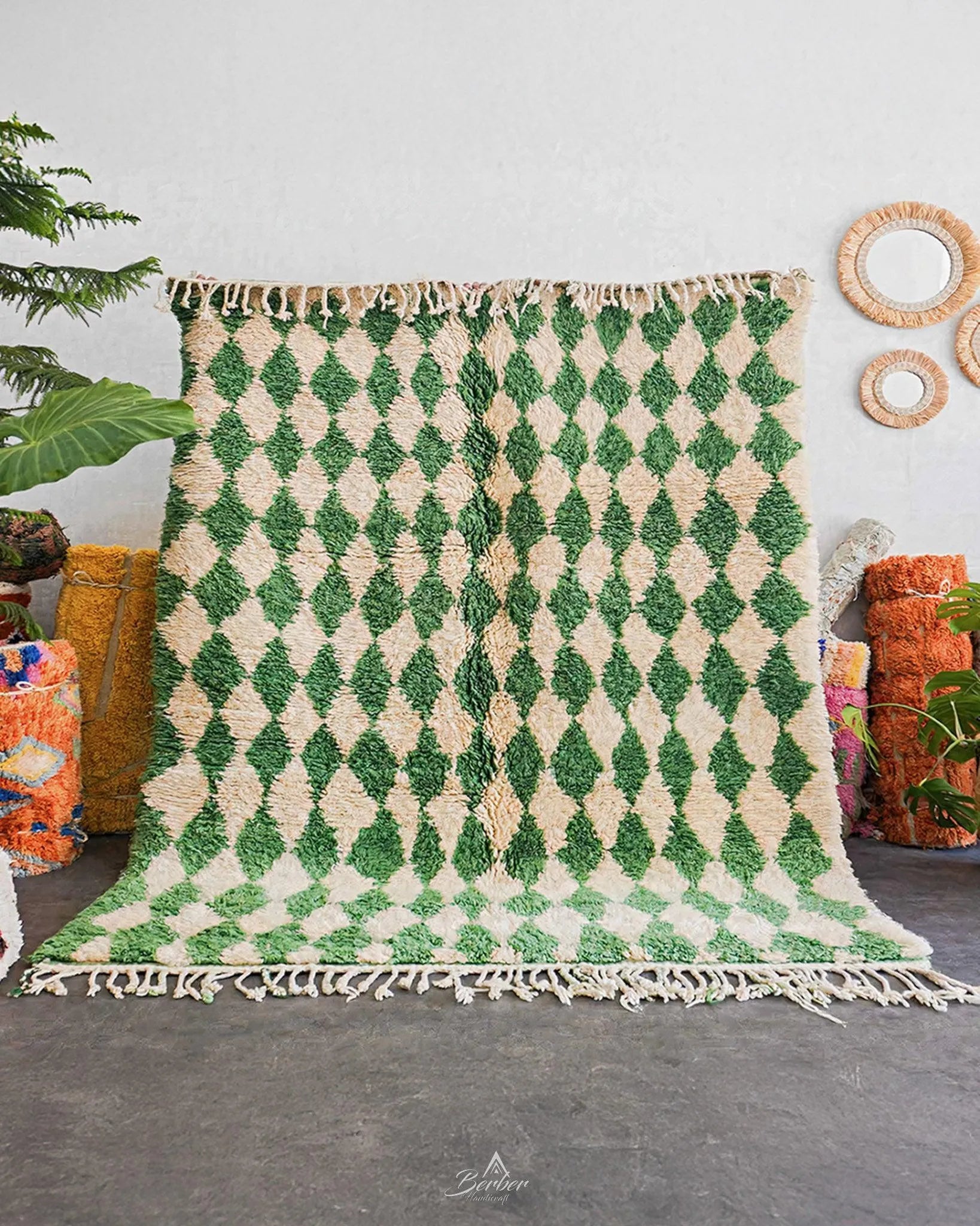 Green Checkered Moroccan Rug 3 X 5 Ft | 90 X 150 Cm / With Tassels / Short (0.4” / 1 cm)