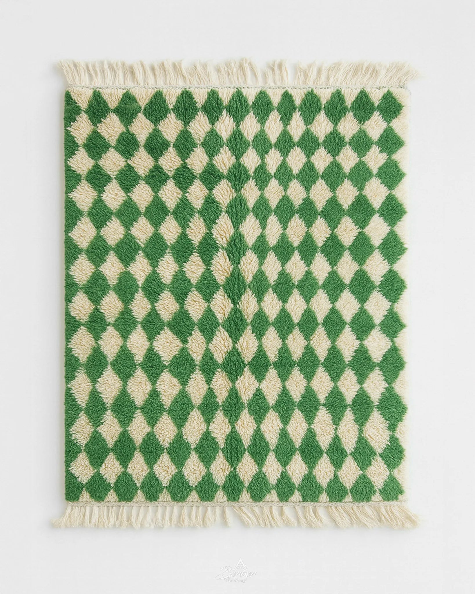 Green Checkered Moroccan Rug 3 X 5 Ft | 90 X 150 Cm / With Tassels / Short (0.4” / 1 cm)
