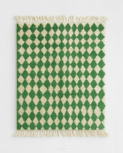 Green Checkered Moroccan Rug 3 X 5 Ft | 90 X 150 Cm / With Tassels / Short (0.4” / 1 cm)