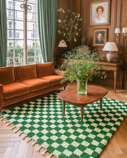 Green Checkered Rug 3 X 5 Ft | 90 X 150 Cm / With Tassels / Short (0.4” / 1 cm)