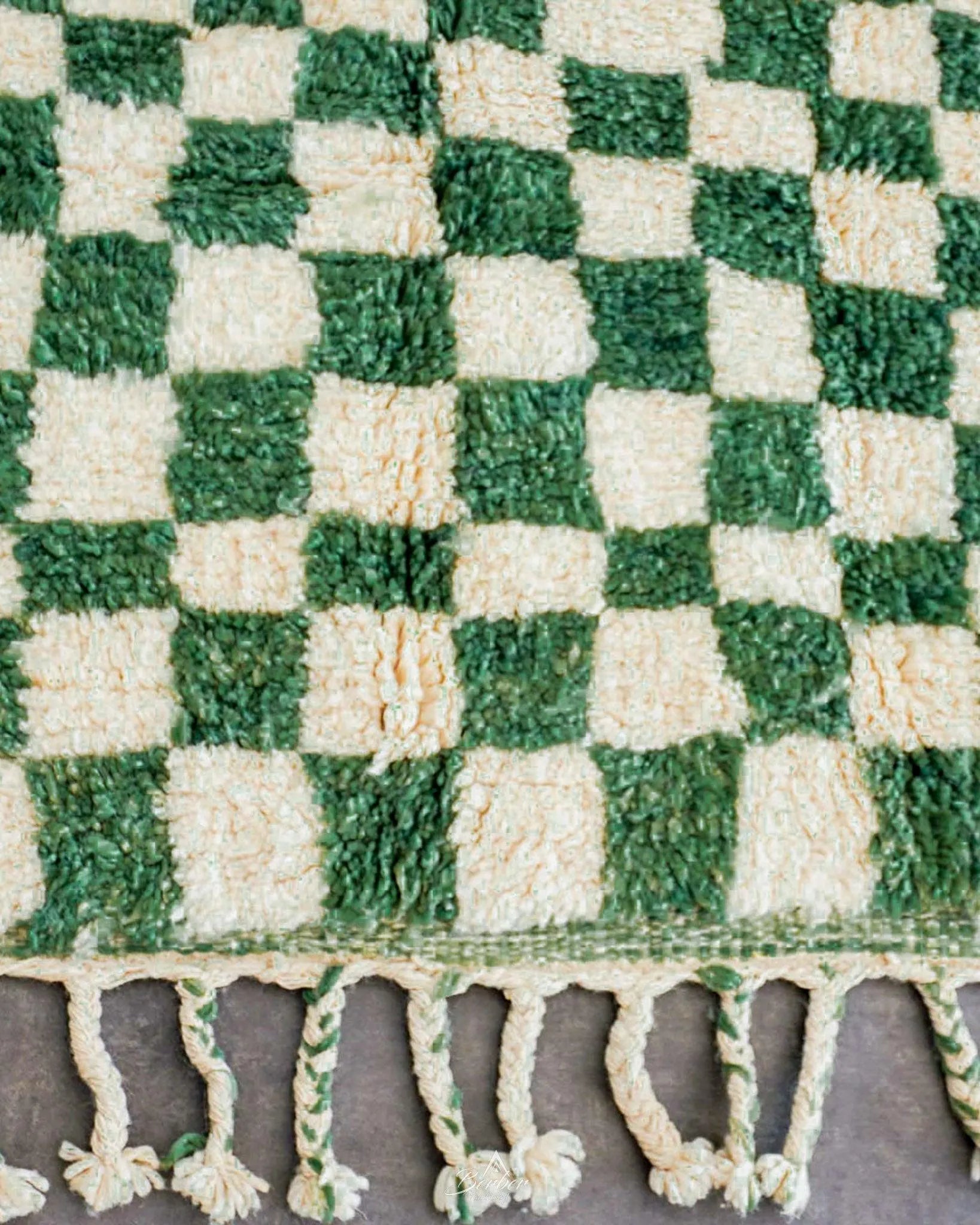 Green Checkered Rug 3 X 5 Ft | 90 X 150 Cm / With Tassels / Short (0.4” / 1 cm)