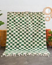 Green Checkered Rug 3 X 5 Ft | 90 X 150 Cm / With Tassels / Short (0.4” / 1 cm)
