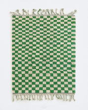 Green Checkered Rug 3 X 5 Ft | 90 X 150 Cm / With Tassels / Short (0.4” / 1 cm)