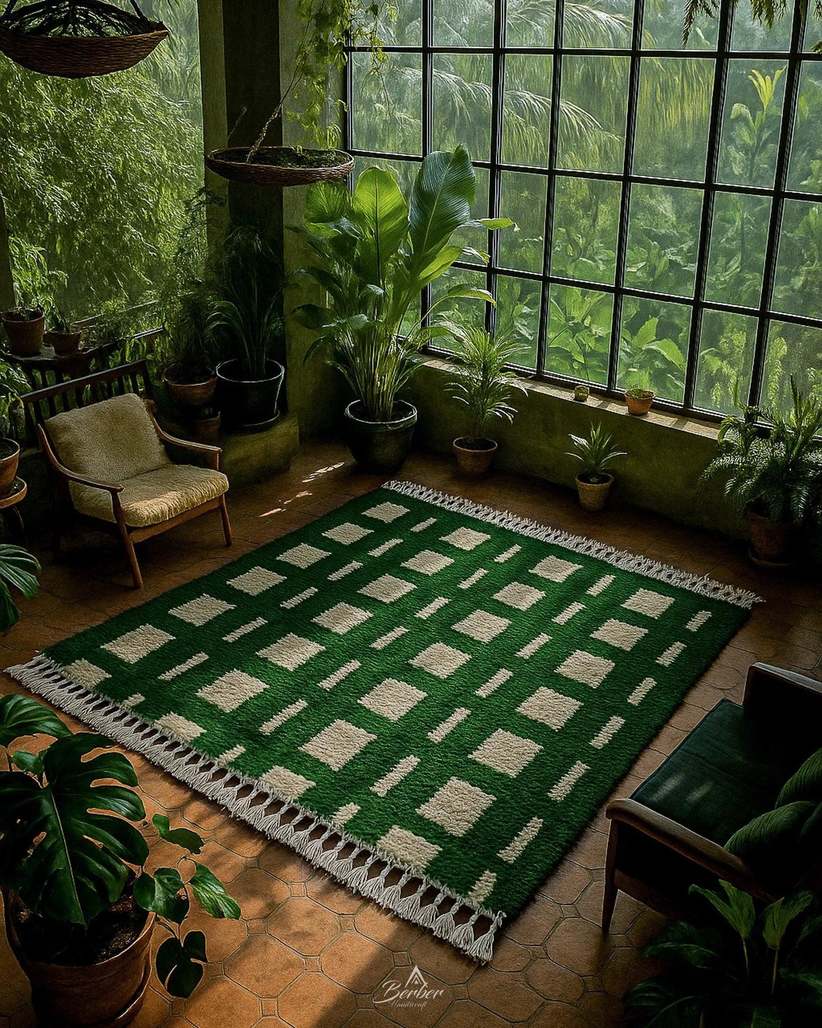 Green Custom Size Rug 3 X 5 Ft | 90 X 150 Cm / With Tassels / Short (0.4” / 1 cm)