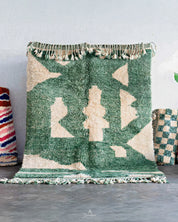 Green Handmade Rug 3 X 5 Ft | 90 X 150 Cm / With Tassels / Short (0.4” / 1 cm)