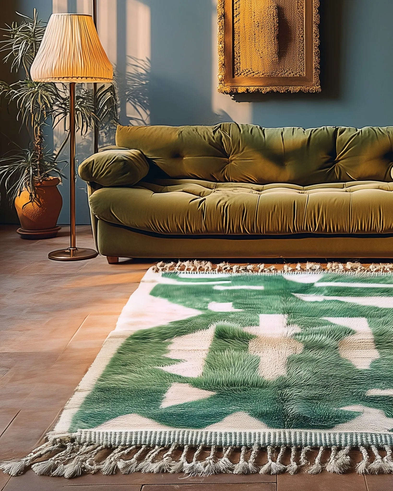 Green Handmade Rug 3 X 5 Ft | 90 X 150 Cm / With Tassels / Short (0.4” / 1 cm)