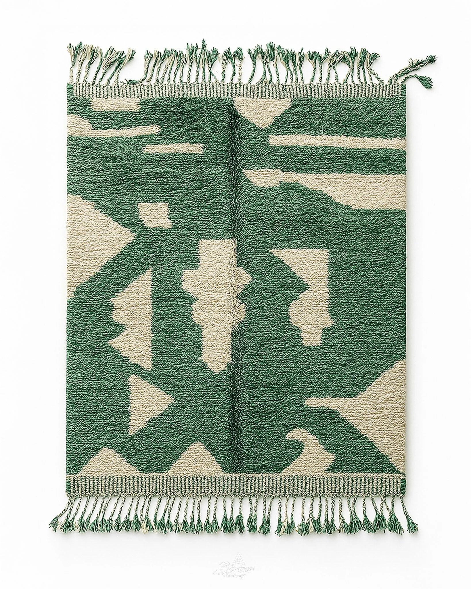 Green Handmade Rug 3 X 5 Ft | 90 X 150 Cm / With Tassels / Short (0.4” / 1 cm)