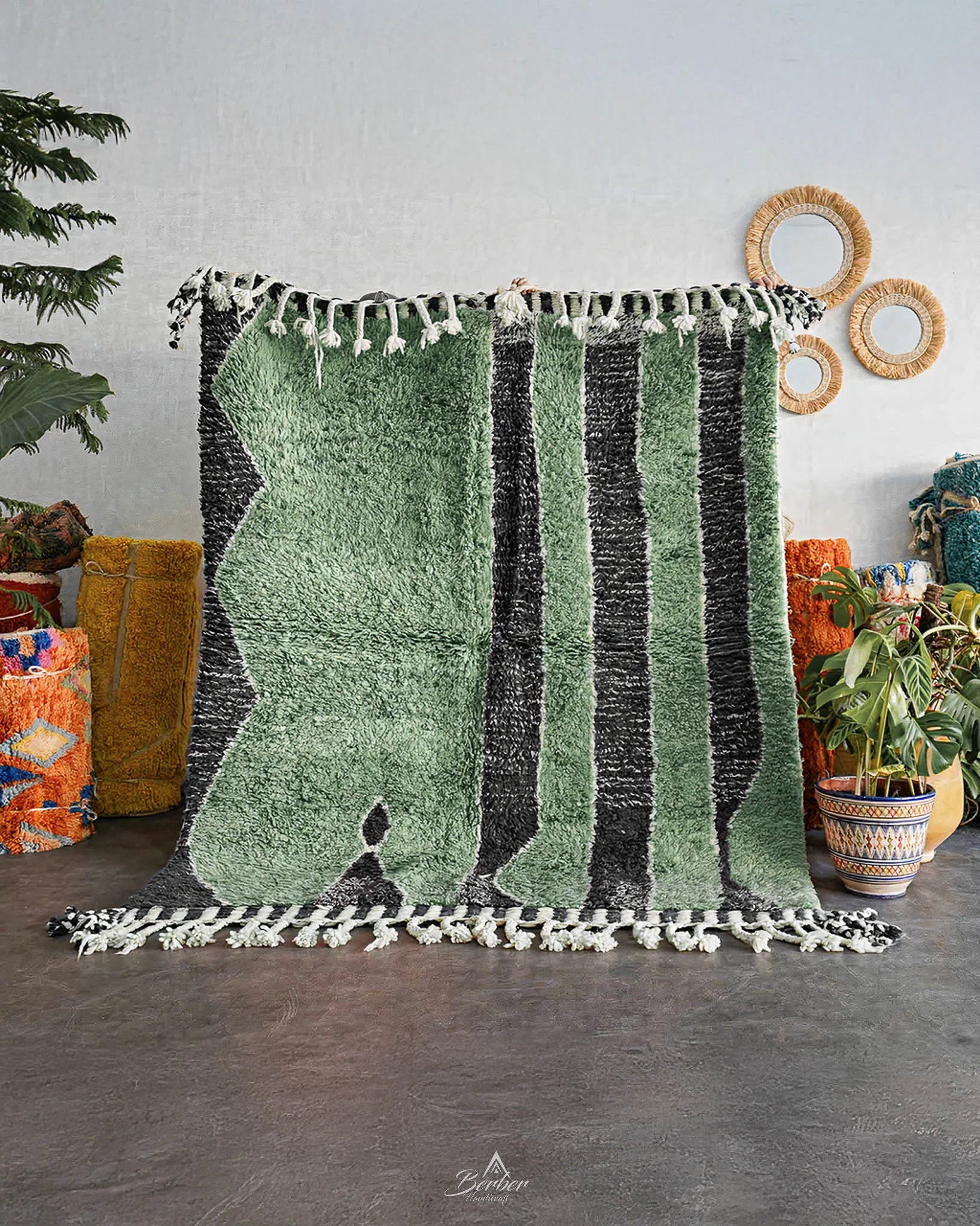 Green Handwoven Rug-Berber Handicraft