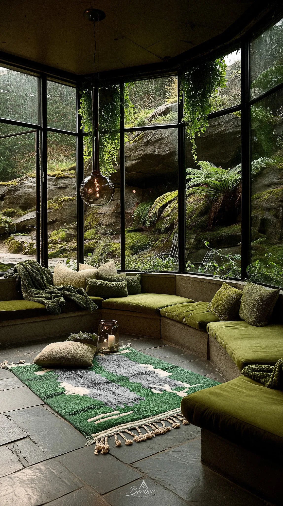 Green Living Room Rug 3 X 5 Ft | 90 X 150 Cm / With Tassels / Short (0.4” / 1 cm)