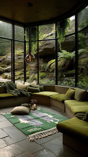 Green Living Room Rug 3 X 5 Ft | 90 X 150 Cm / With Tassels / Short (0.4” / 1 cm)