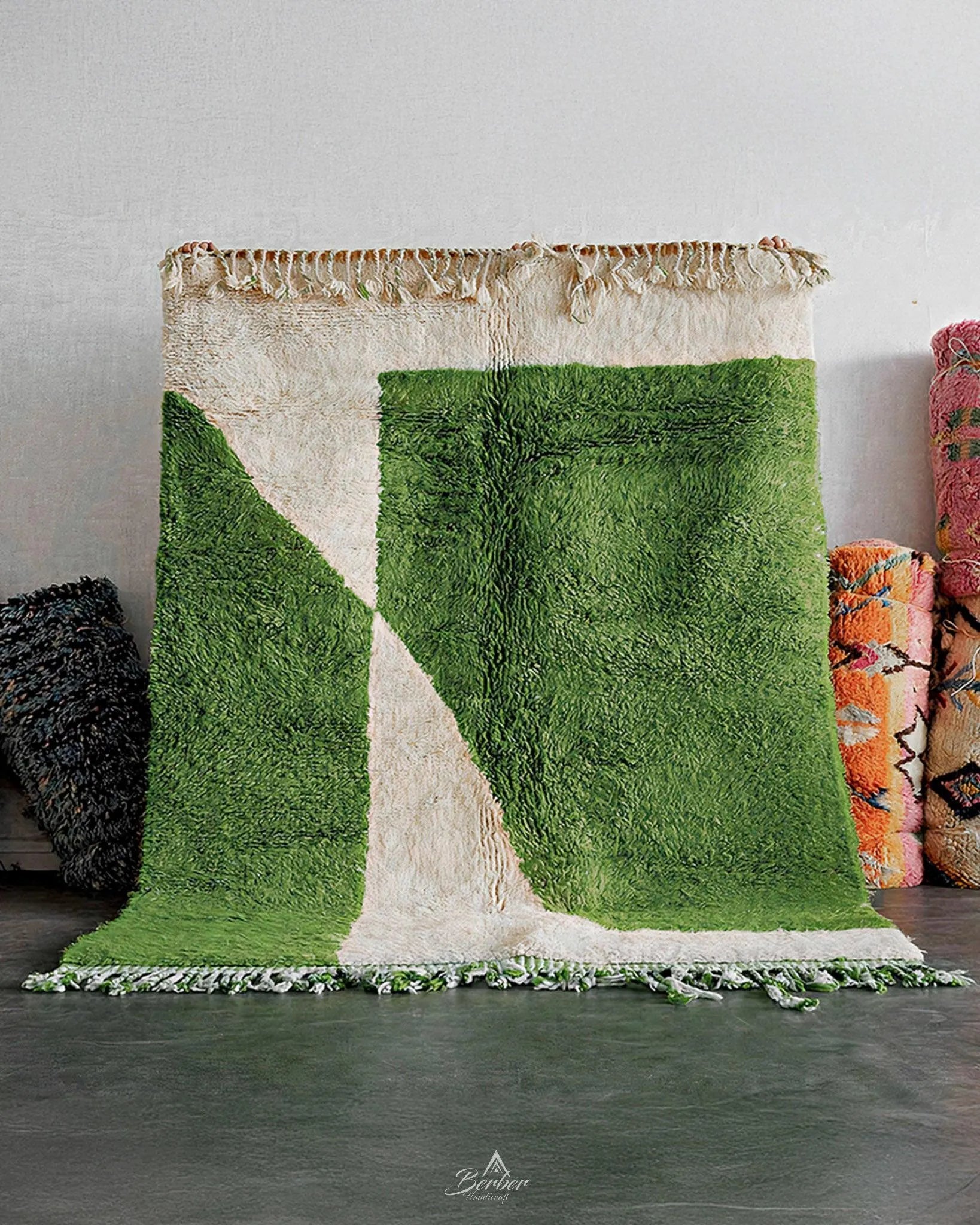 Green Moroccan Carpet 3 X 5 Ft | 90 X 150 Cm / With Tassels / Short (0.4” / 1 cm)