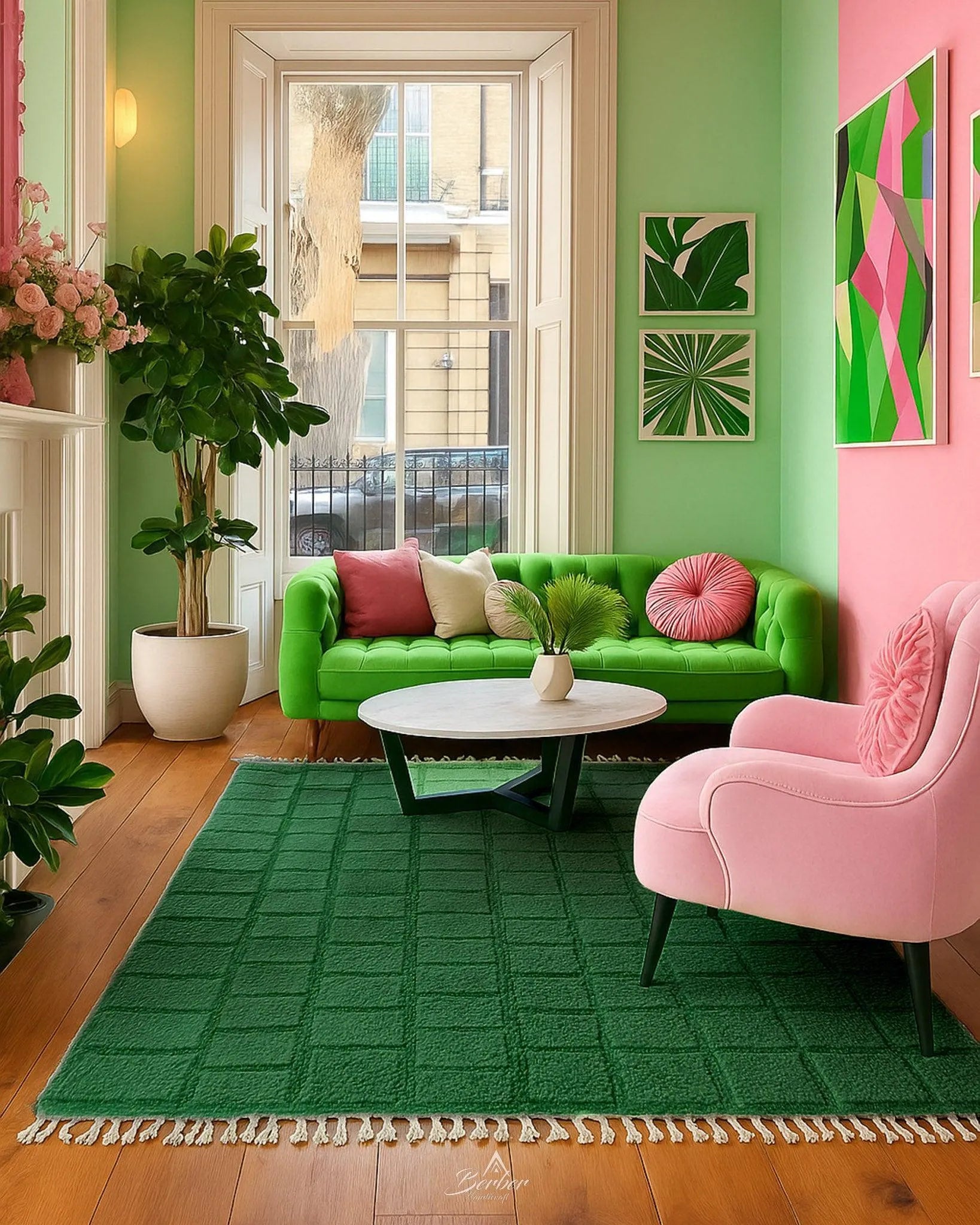 Green Morrocan Rug 3 X 5 Ft | 90 X 150 Cm / With Tassels / Short (0.4” / 1 cm)