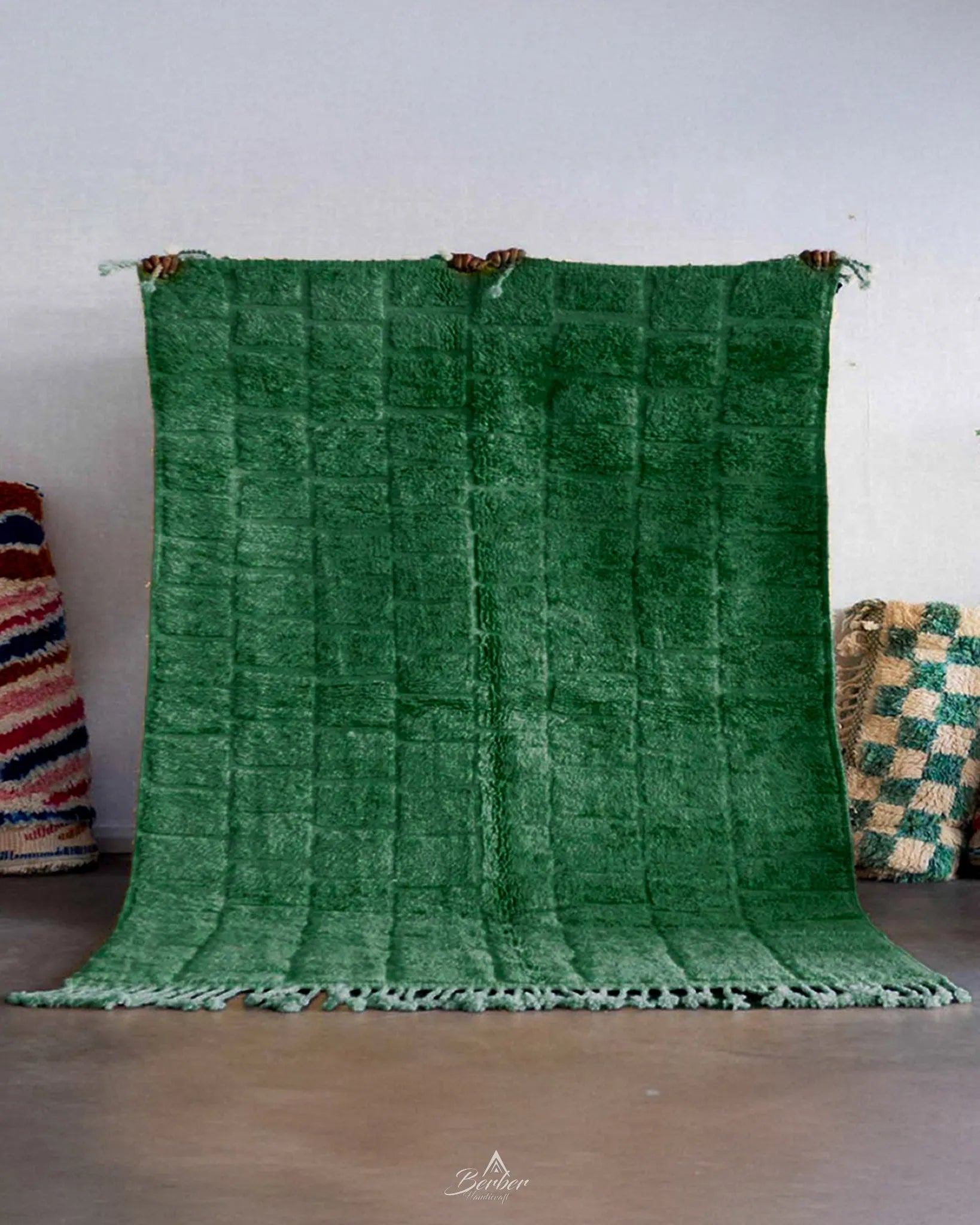 Green Morrocan Rug 3 X 5 Ft | 90 X 150 Cm / With Tassels / Short (0.4” / 1 cm)
