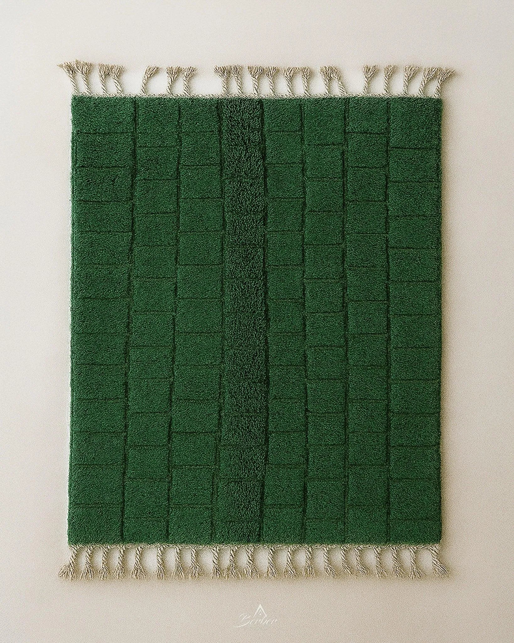 Green Morrocan Rug 3 X 5 Ft | 90 X 150 Cm / With Tassels / Short (0.4” / 1 cm)