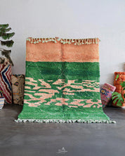 Green Pink Wool Rug 3 X 5 Ft | 90 X 150 Cm / With Tassels / Short (0.4” / 1 cm)