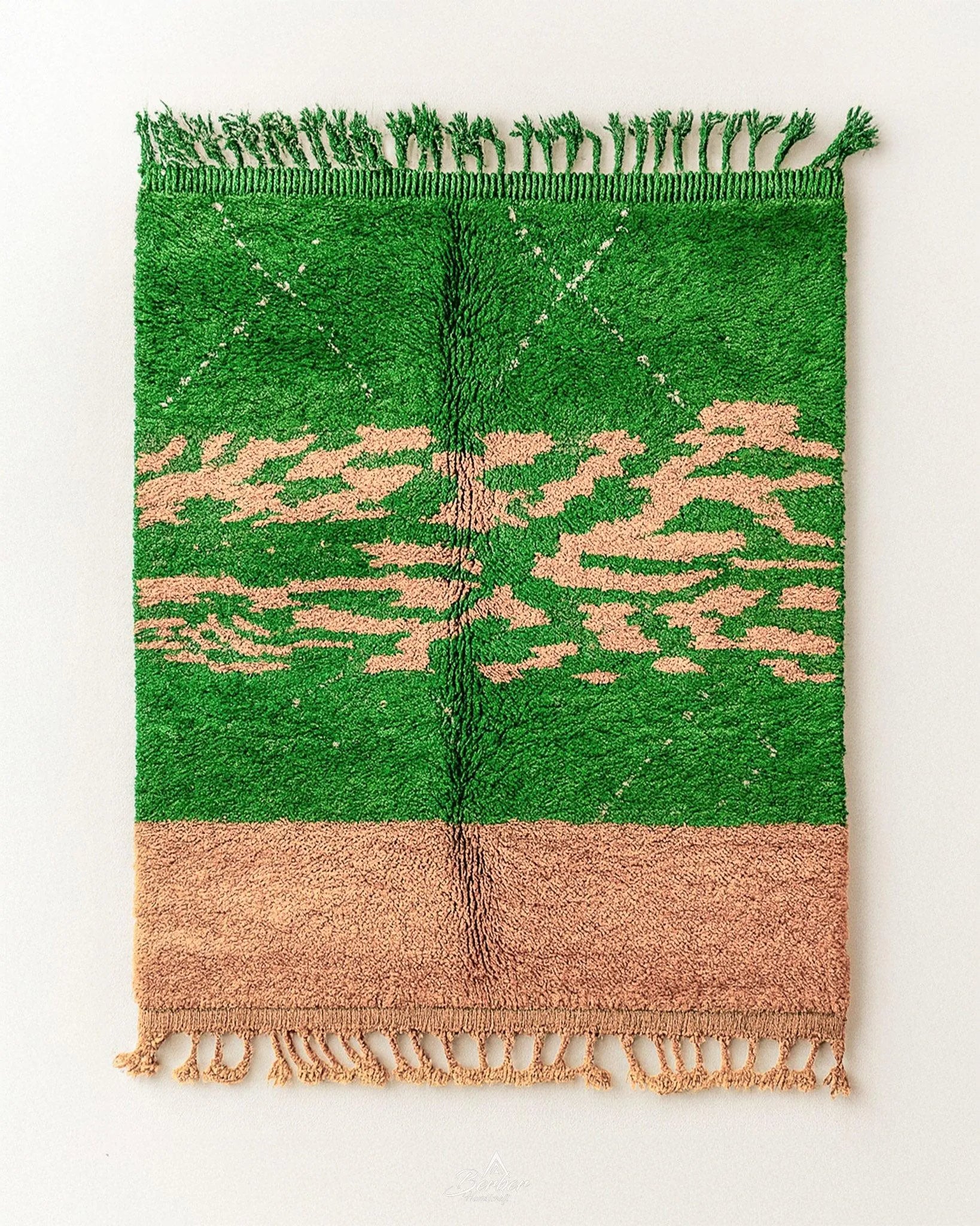 Green Pink Wool Rug 3 X 5 Ft | 90 X 150 Cm / With Tassels / Short (0.4” / 1 cm)