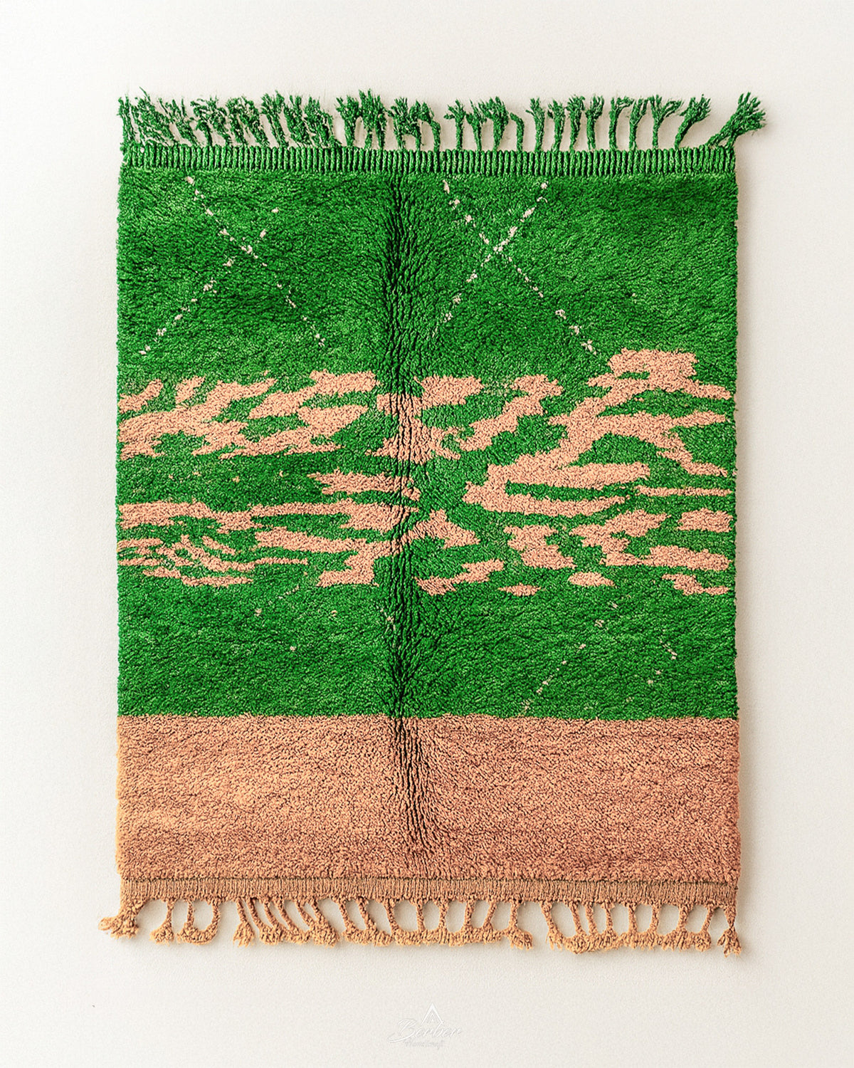 Green Pink Wool Rug 3 X 5 Ft | 90 X 150 Cm / With Tassels / Short (0.4” / 1 cm)