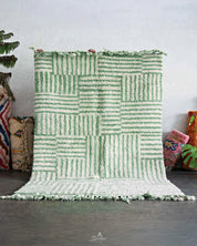 Green Striped Moroccan Rug 3 X 5 Ft | 90 X 150 Cm / With Tassels / Short (0.4” / 1 cm)