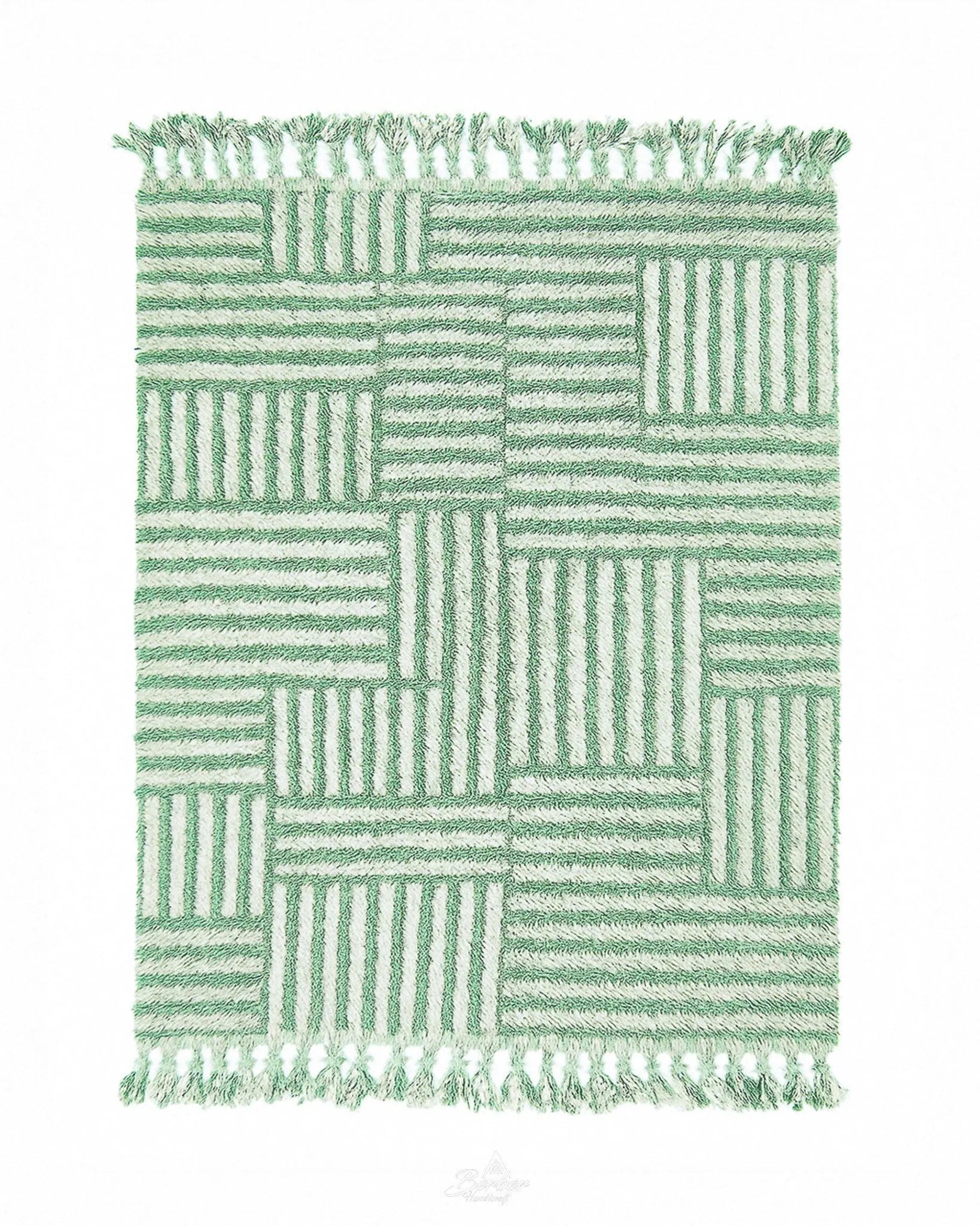Green Striped Moroccan Rug 3 X 5 Ft | 90 X 150 Cm / With Tassels / Short (0.4” / 1 cm)
